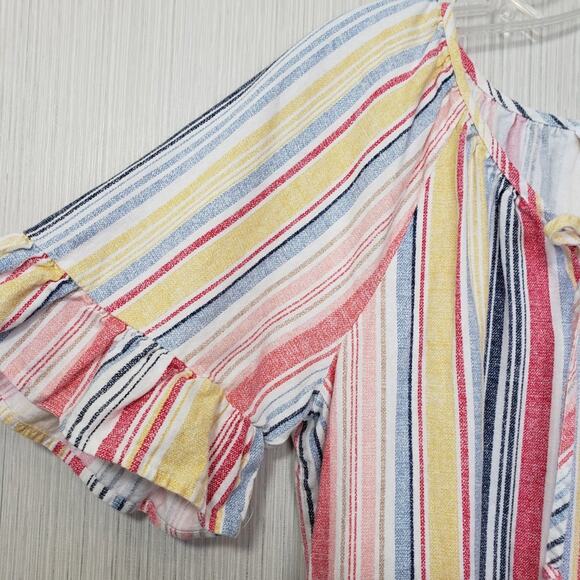 Chloe + Rene striped linen blend ruffle short sleeve tie front shirt womans sz M - Picture 6 of 6
